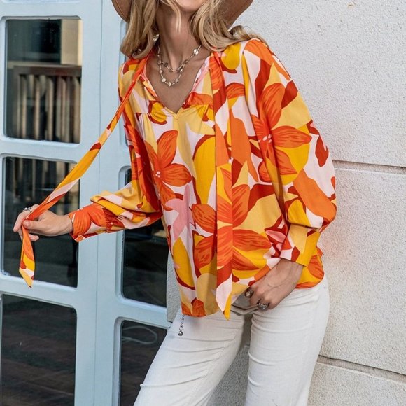 Fall Vibes Colorful floral Long Bishop Sleeve Blouse Top Orange - Picture 2 of 5